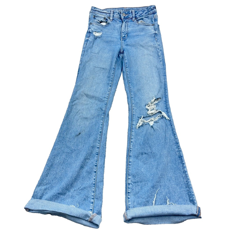 American Eagle Jeans Women 4 Super High Rise Flare Med Wash Distressed Holes